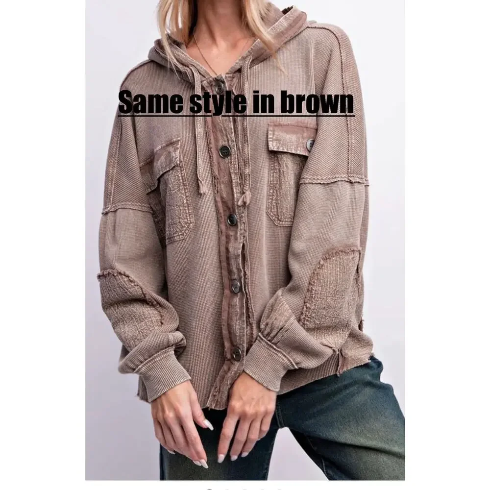 NWOT Easel Sz L Green Mineral Wash Hooded Shacket Waffle Knit mixed Media Grunge - Picture 8 of 8